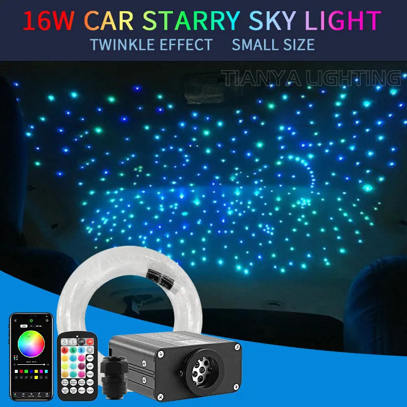 FanzyMarket 16W Twinkle Starry Sky Fiber Optic Ceiling Light Kit showing colorful fiber optic star pattern for car or home decor.