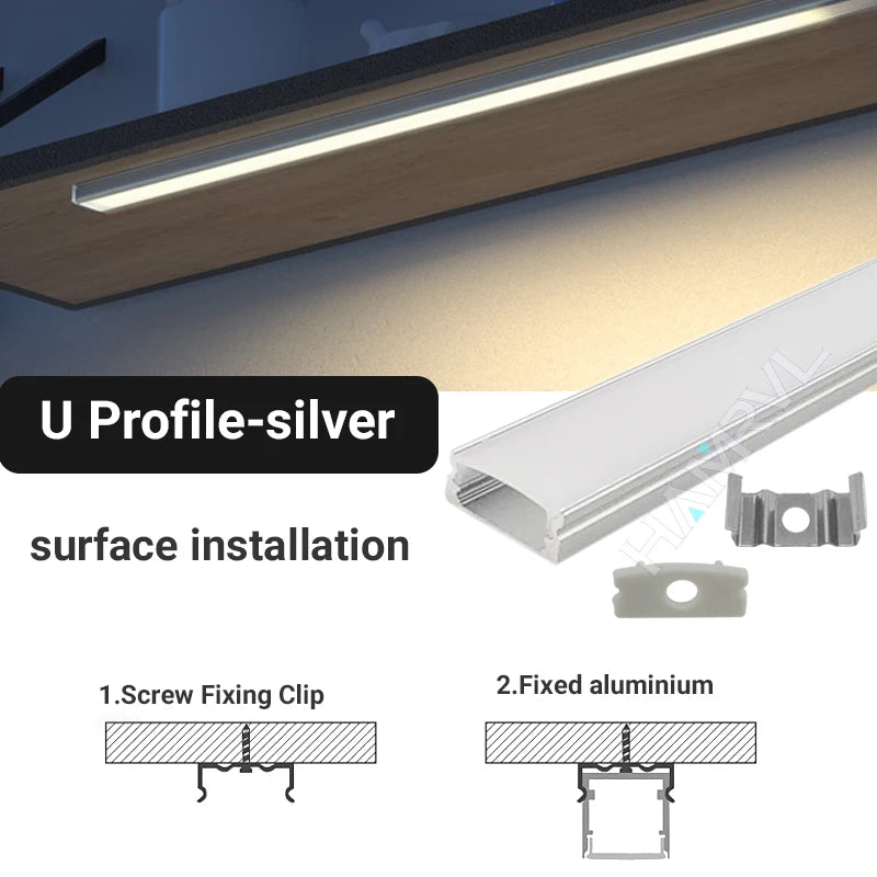 FanzyMarket 0.5m LED aluminum channel kit with 16x16mm U/V/Y/W profiles, silver finish, suitable for LED strip lighting.