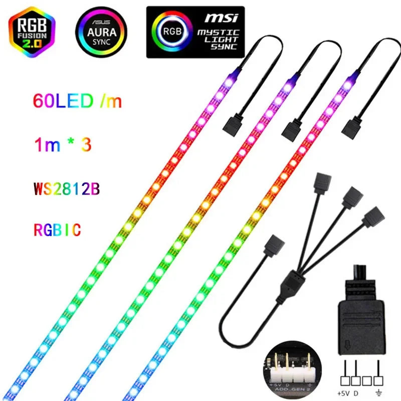 FanzyMarket addressable WS2812b 5V ARGB LED strip with 3-pin RGBIC, 1 meter, available in IP30/IP65, ideal for PC case lighting.
