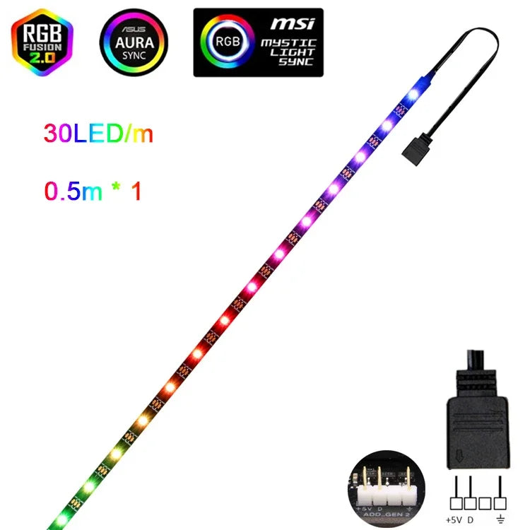 FanzyMarket addressable WS2812b 5V ARGB LED strip with 3-pin RGBIC, 1 meter, 60 LEDs, suitable for PC case lighting, IP30/IP65.