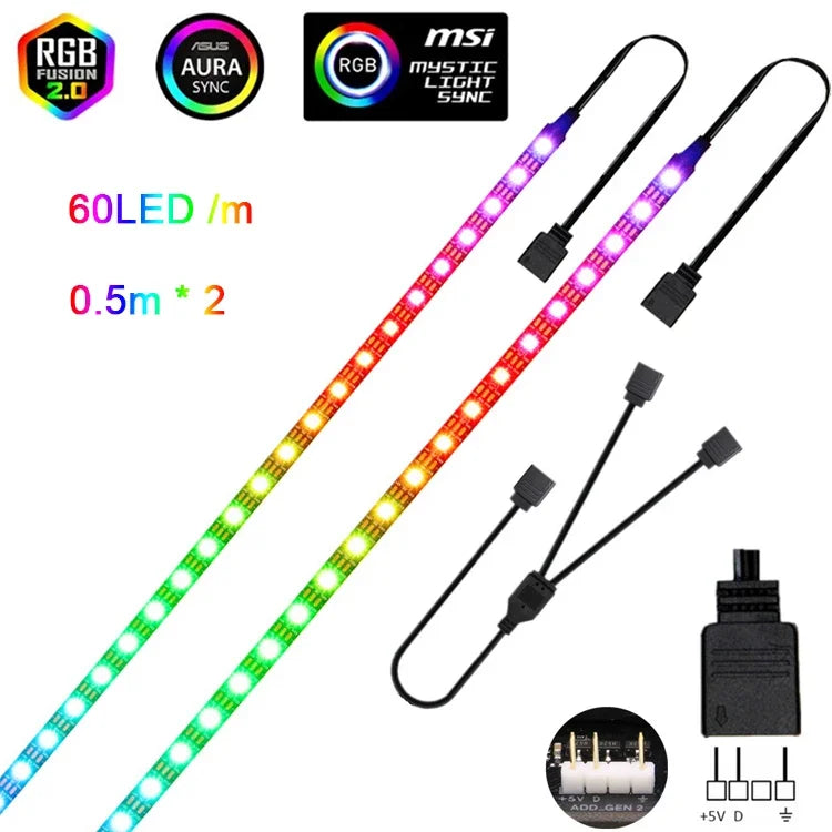 FanzyMarket WS2812b 5V ARGB LED Strip, 1m addressable RGBIC PC case light with 60 LEDs, suitable for decor and smart lighting.