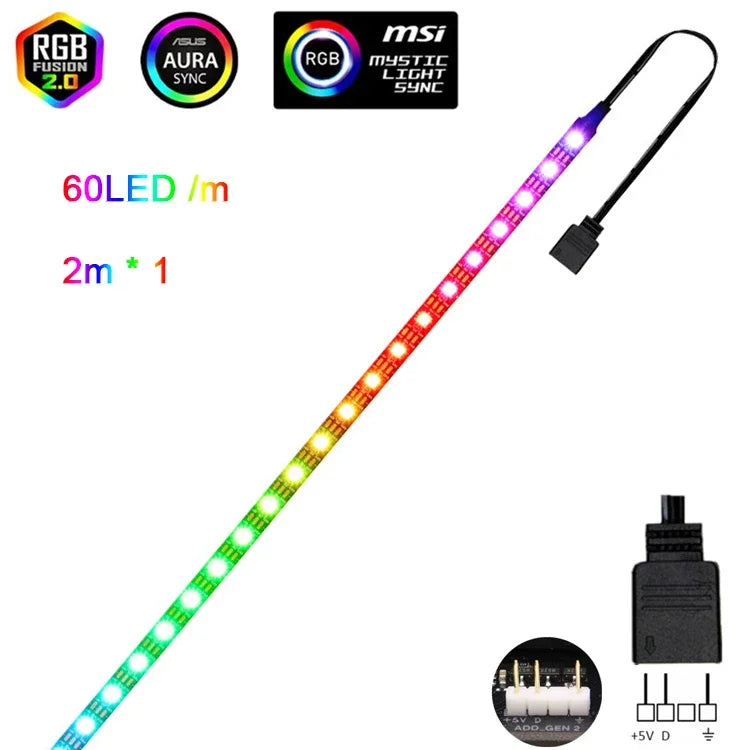 FanzyMarket addressable WS2812b 5V ARGB LED strip with 3-pin RGBIC, 1 meter, suitable for PC case lighting, IP30/IP65 waterproof.