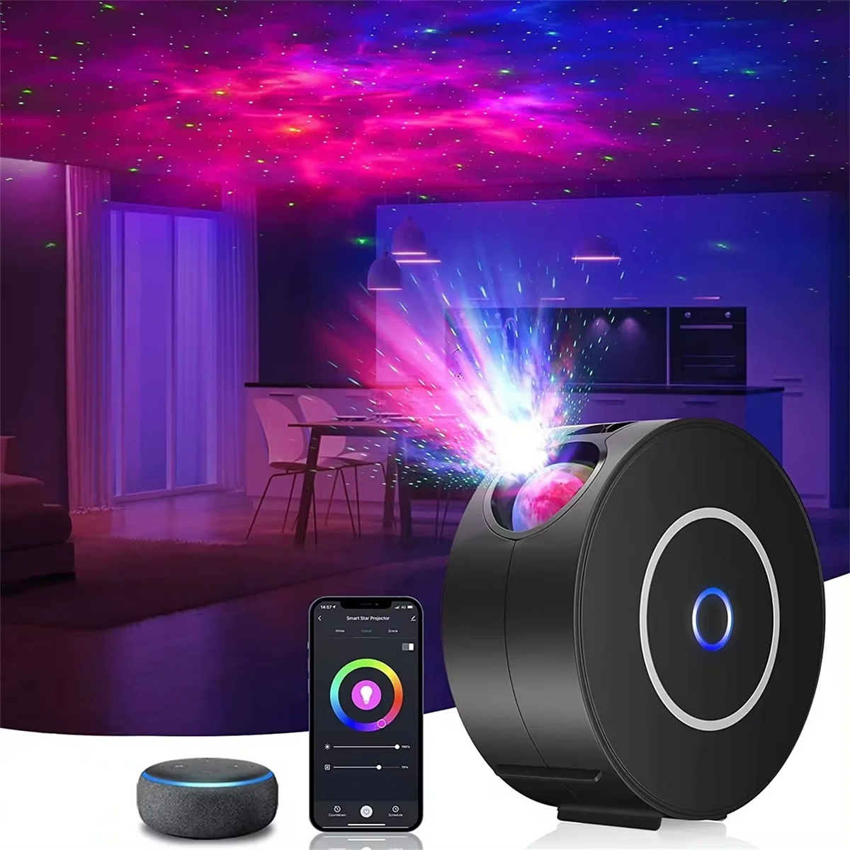 FanzyMarket Smart LED Starry Sky Projector with WiFi, 3D galaxy night light, app control, voice control, and timer for ambient decor.