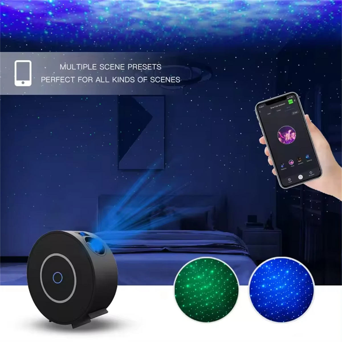 FanzyMarket Smart LED Starry Sky Projector with WiFi, 3D galaxy visuals, app control, voice control, and timer for ambient decor lighting.