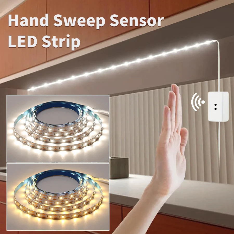 FanzyMarket Hand Sweep Motion Sensor LED Strip Lights, USB-powered, dimmable cold white lighting for kitchen, closet, or stairs.