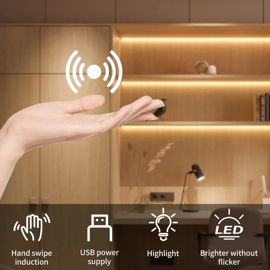 FanzyMarket Hand Sweep Motion Sensor LED Strip Lights, USB-powered, dimmable cold-white tape for kitchen, closet, stairs in various lengths
