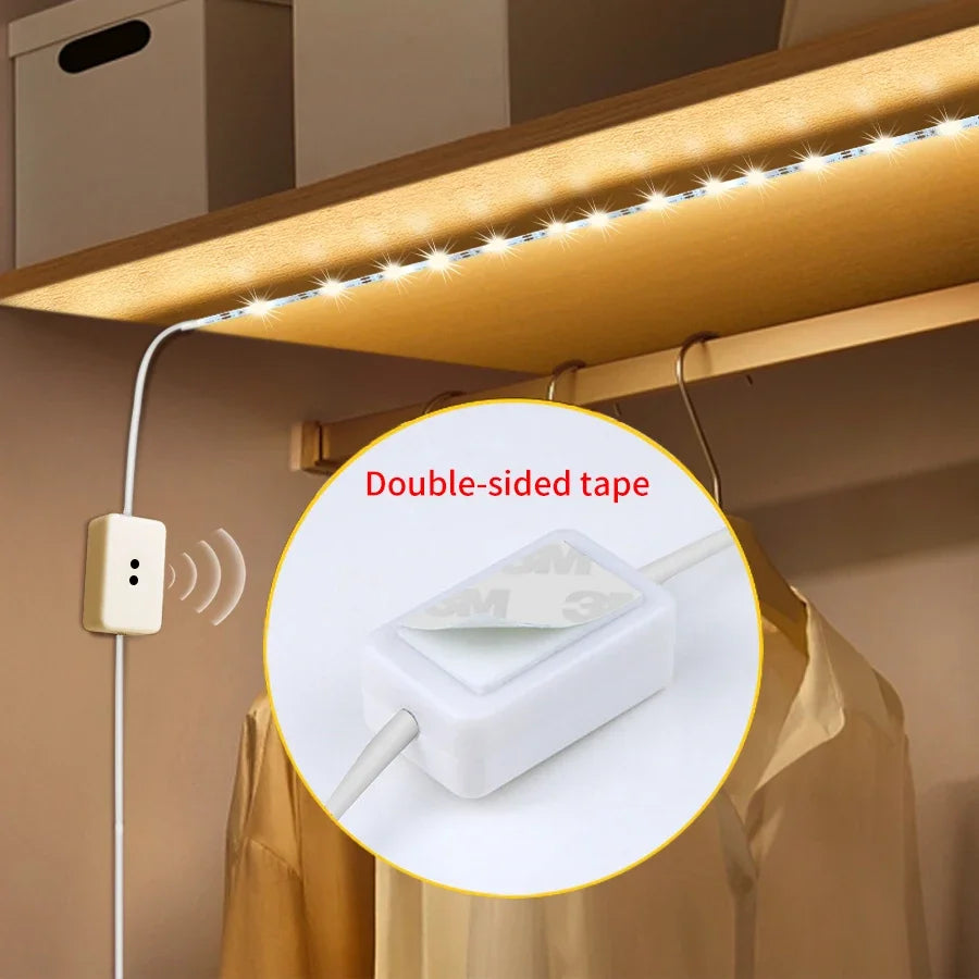 FanzyMarket hand sweep motion sensor LED strip lights in cold white, USB powered, dimmable, available in various lengths for home lighting.