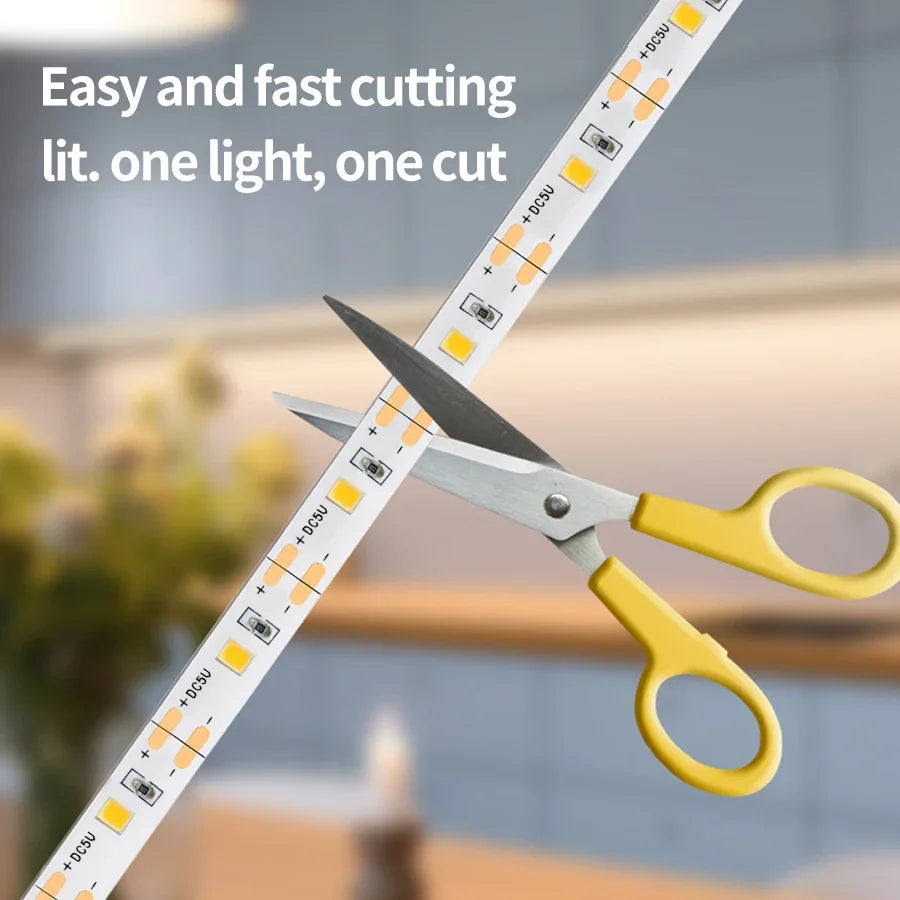 FanzyMarket LED strip lights with hand sweep motion sensor, USB powered, dimmable, available in multiple lengths for kitchen or closet.