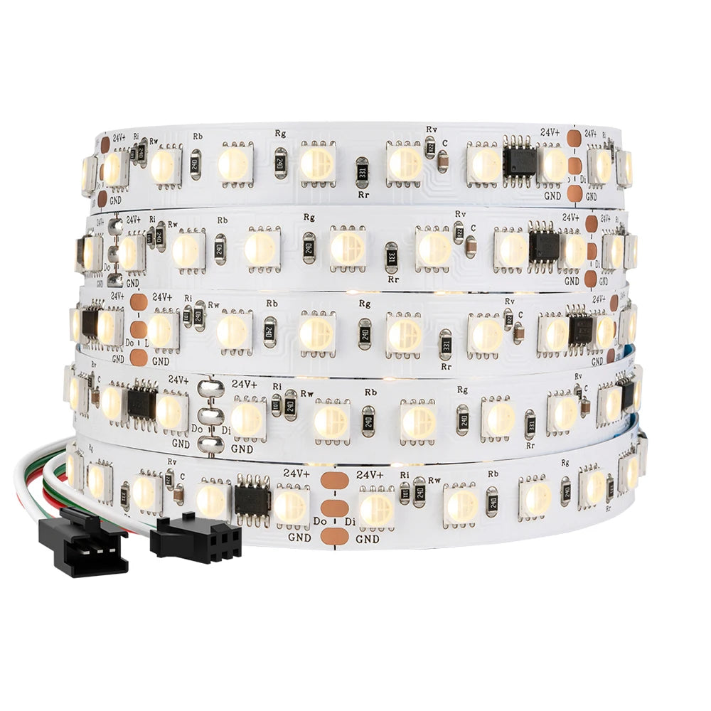FanzyMarket 5m RGBW WS2814 LED strip light with IP65 waterproof rating, black PCB, 16.4ft length, 4-in-1 RGB+White, 3-pin connector.