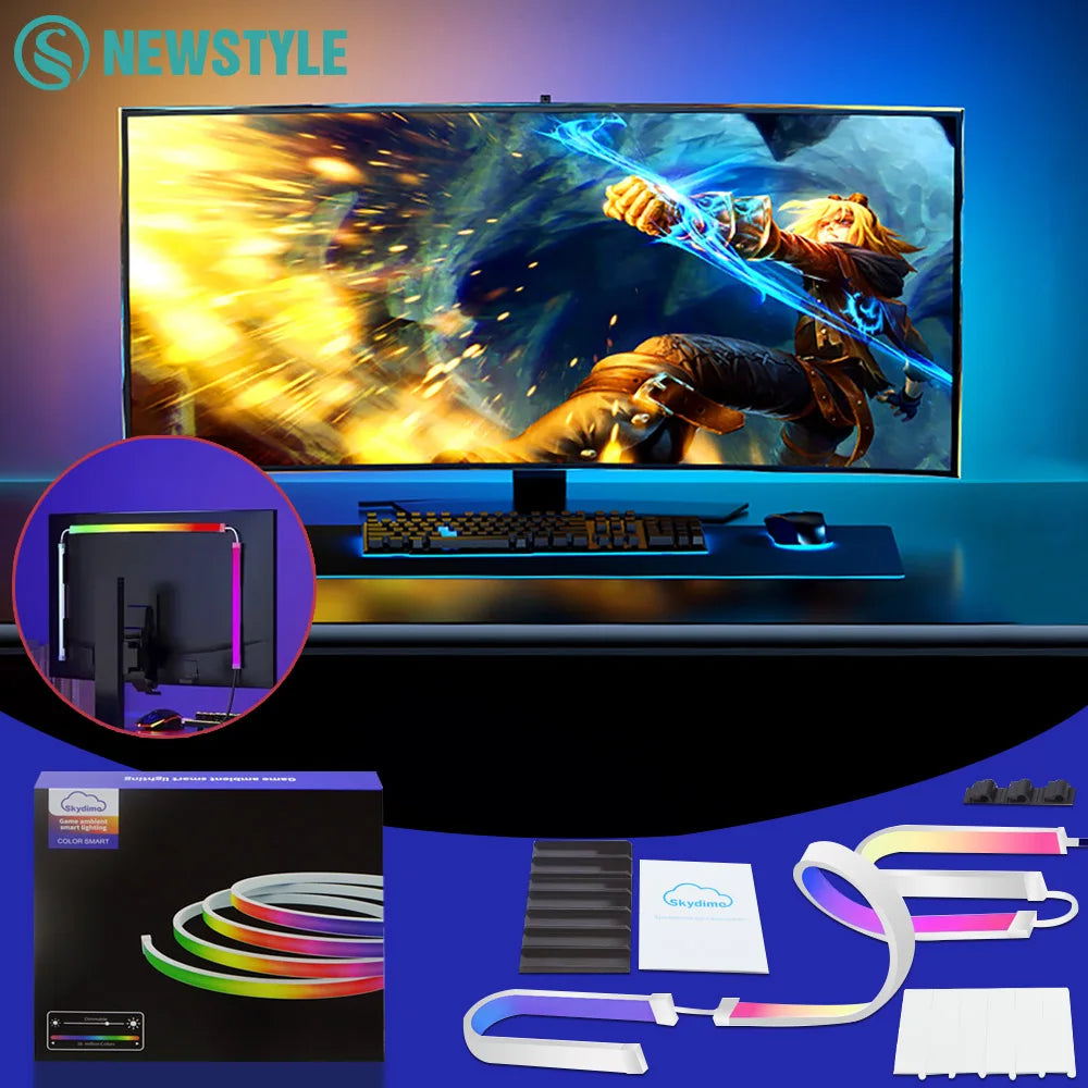FanzyMarket RGB LED monitor backlight strip for 24-34 inch screens, waterproof smart lighting with USB sync for gaming and decor.