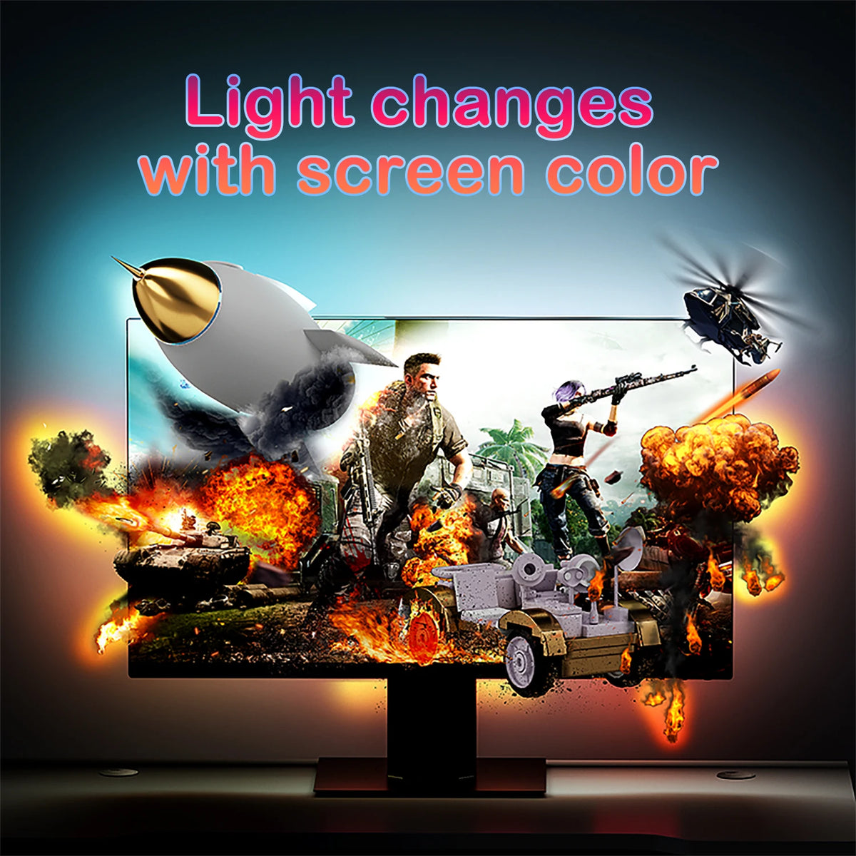 FanzyMarket RGB LED monitor backlight strip for 24-34 inch screens, waterproof smart gaming light bar with USB sync.