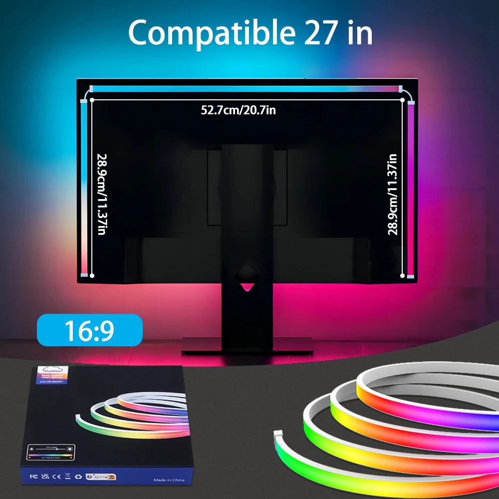 FanzyMarket smart RGB LED monitor backlight strip for 24-34 inch screens, waterproof gaming light bar with USB sync feature.