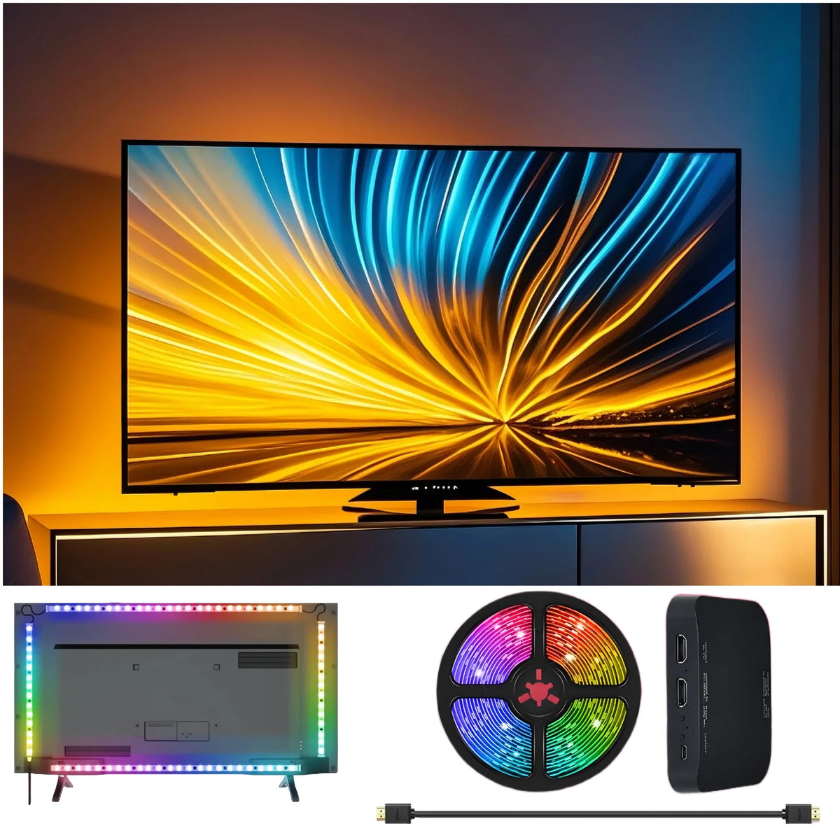 FanzyMarket HDMI Sync LED TV backlight strip with dynamic ambient lighting for 55-65 inch TVs, streaming sticks, and gaming consoles.