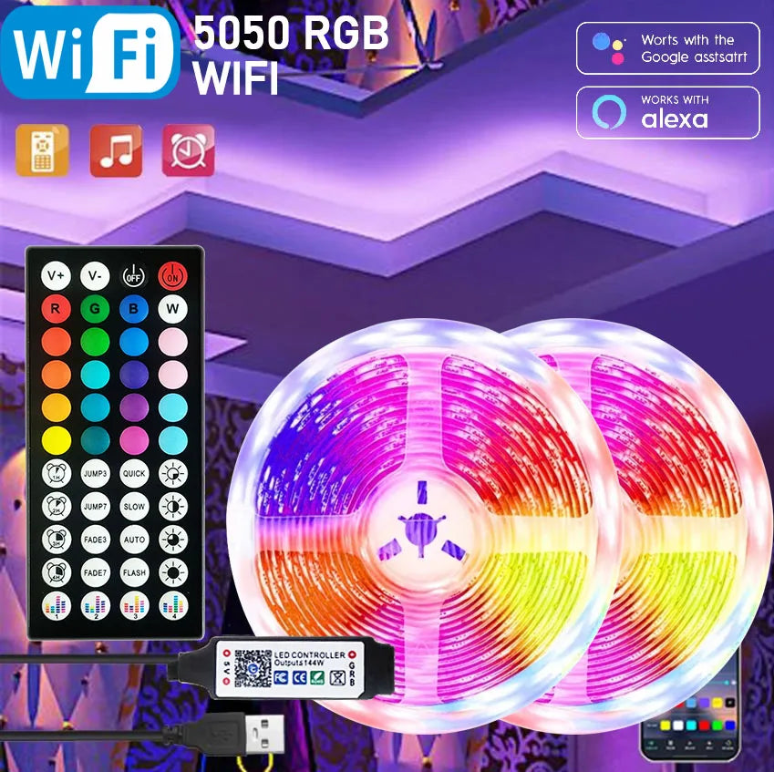 USB RGB LED strip lights in flexible ribbon form, featuring SMD5050 LEDs for vibrant color and low power consumption.