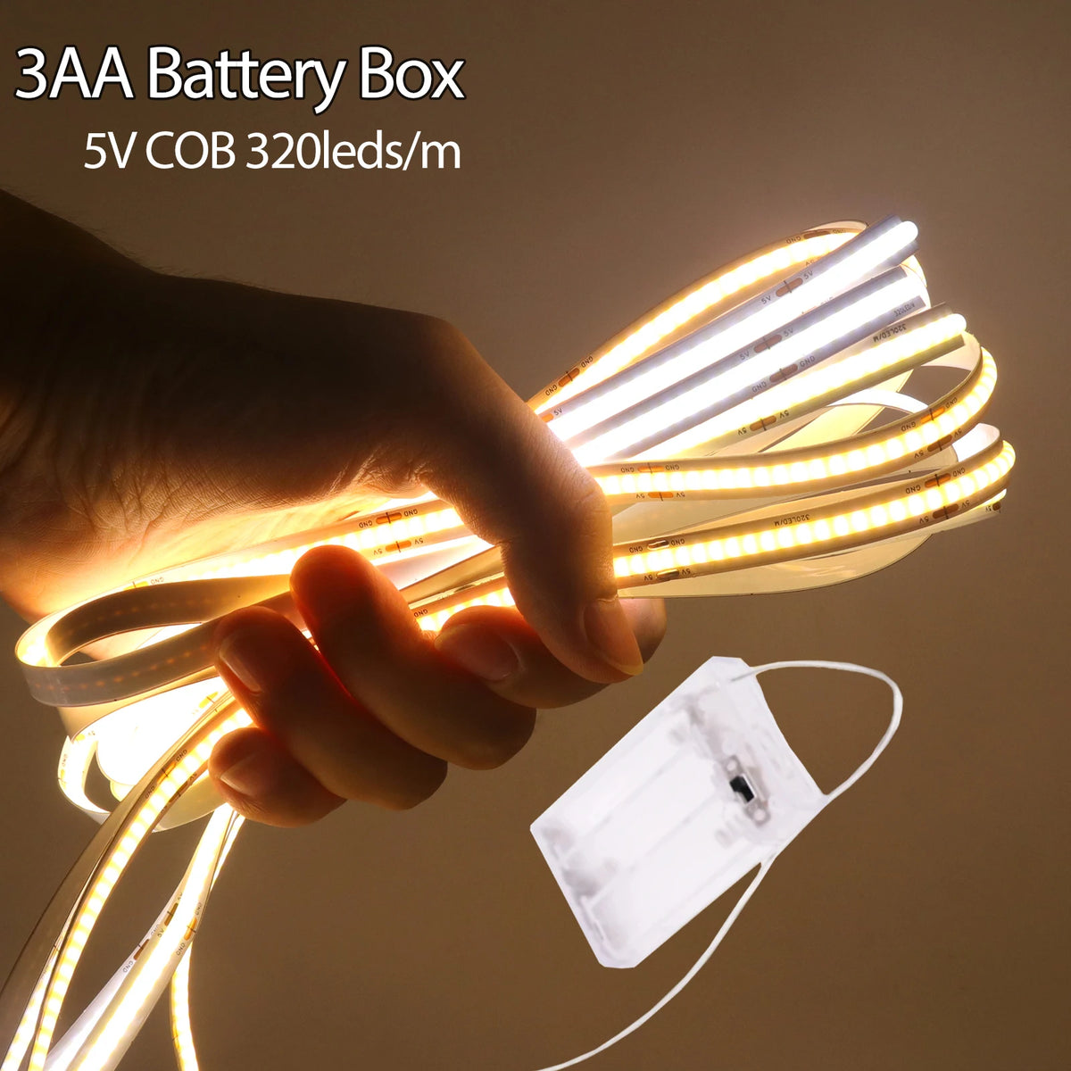 FanzyMarket 5V COB LED strip light with 3xAA battery box, 8mm, 320 LEDs/m, 0.5-5m, warm, natural, and cool white lighting.