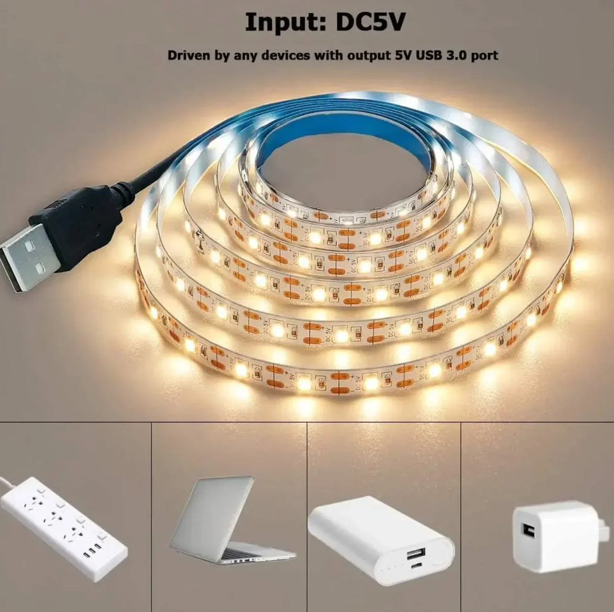 FanzyMarket 5V USB LED strip light with warm and cool white 2835 SMD, 4m length, suitable for TV backlight and home decor.