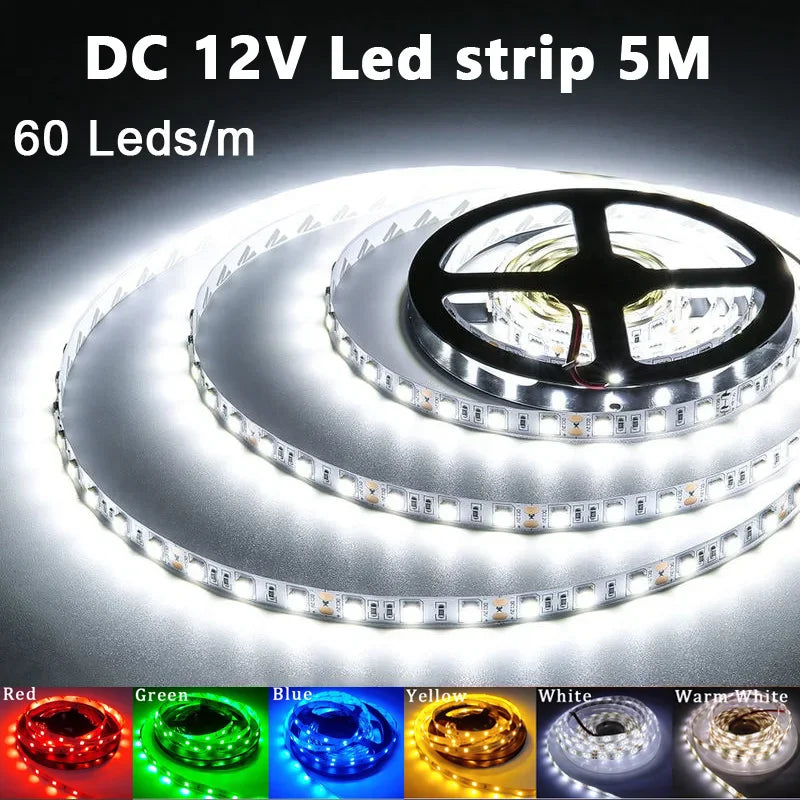 FanzyMarket RGB LED strip light 5M with 300 SMD2835 LEDs, waterproof flexible tape in white, red, green, blue for room decor.