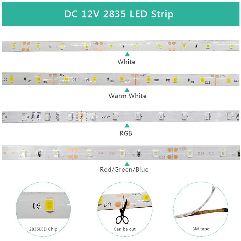 FanzyMarket RGB LED strip light 5M waterproof flexible tape with 300 SMD2835 LEDs in warm white, red, green, blue for room decor.