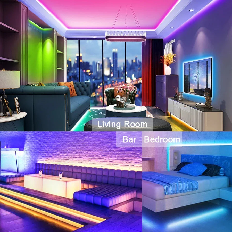 FanzyMarket RGB LED strip light 5M with 300 SMD2835 LEDs, waterproof, flexible, for room decor in warm white, red, green, blue, and white.
