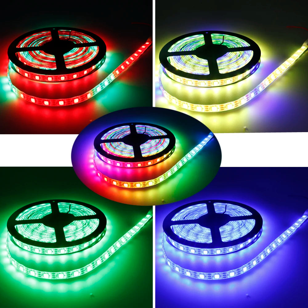 FanzyMarket 5V RGB LED strip light with 30 to 144 LEDs per meter, IP30/IP65/IP67, 5050 SMD, suitable for decorative lighting.