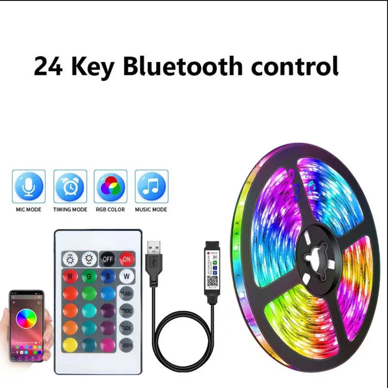 FanzyMarket Bluetooth RGB LED strip lights, SMD5050, USB 5V, flexible smart LED tape with app and remote control for room decor.