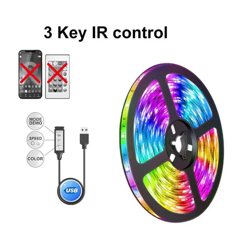 FanzyMarket Bluetooth RGB LED strip lights with SMD5050 LEDs, USB power, app and remote control, flexible for TV backlight and room decor.