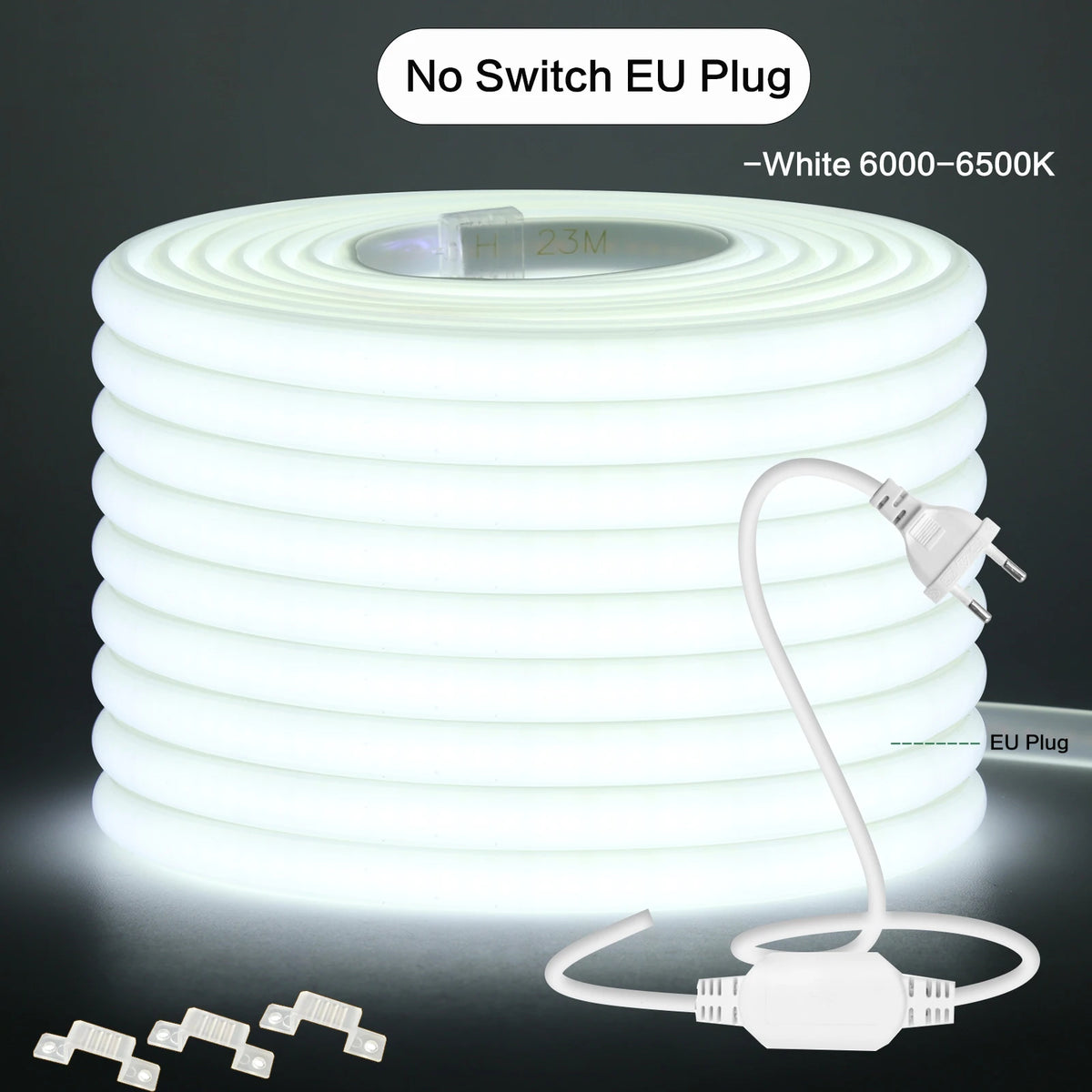 FanzyMarket 14m 220V COB LED strip light with 288 LEDs/m, waterproof IP65, dimmable, available in warm, neutral, and cool white.