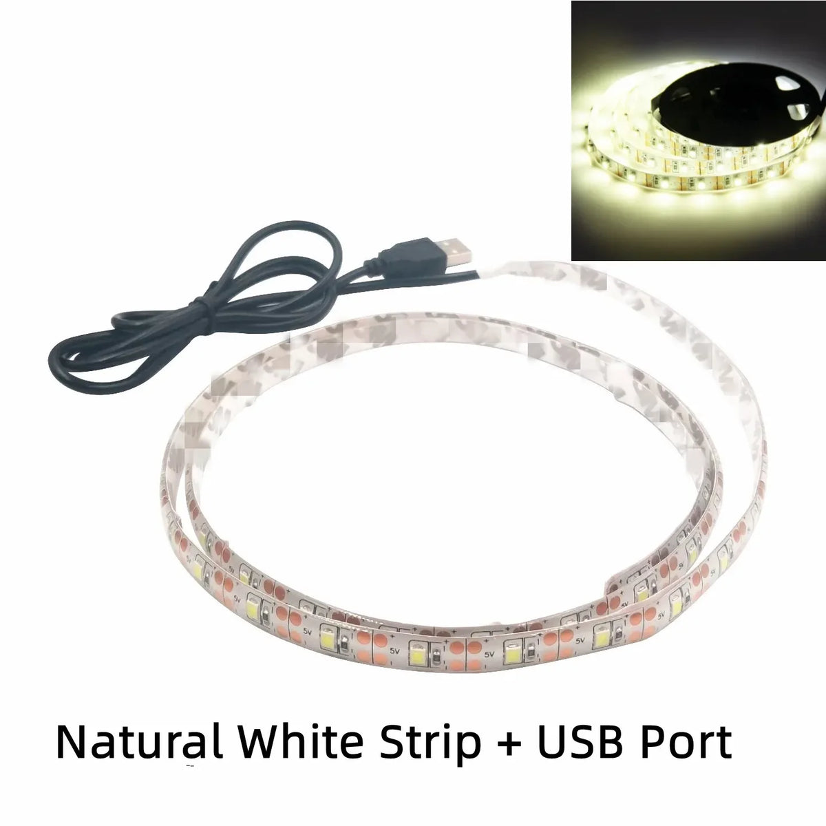 FanzyMarket 5V USB LED strip light in warm and cool white, waterproof, flexible tape for TV backlighting, 1m to 5m length.