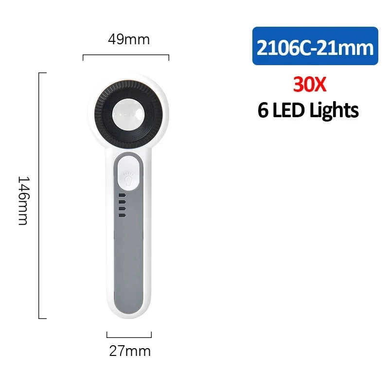FanzyMarket rechargeable LED handheld magnifier with 3 lighting modes, 21mm lens, ideal for seniors’ reading and repair tasks.