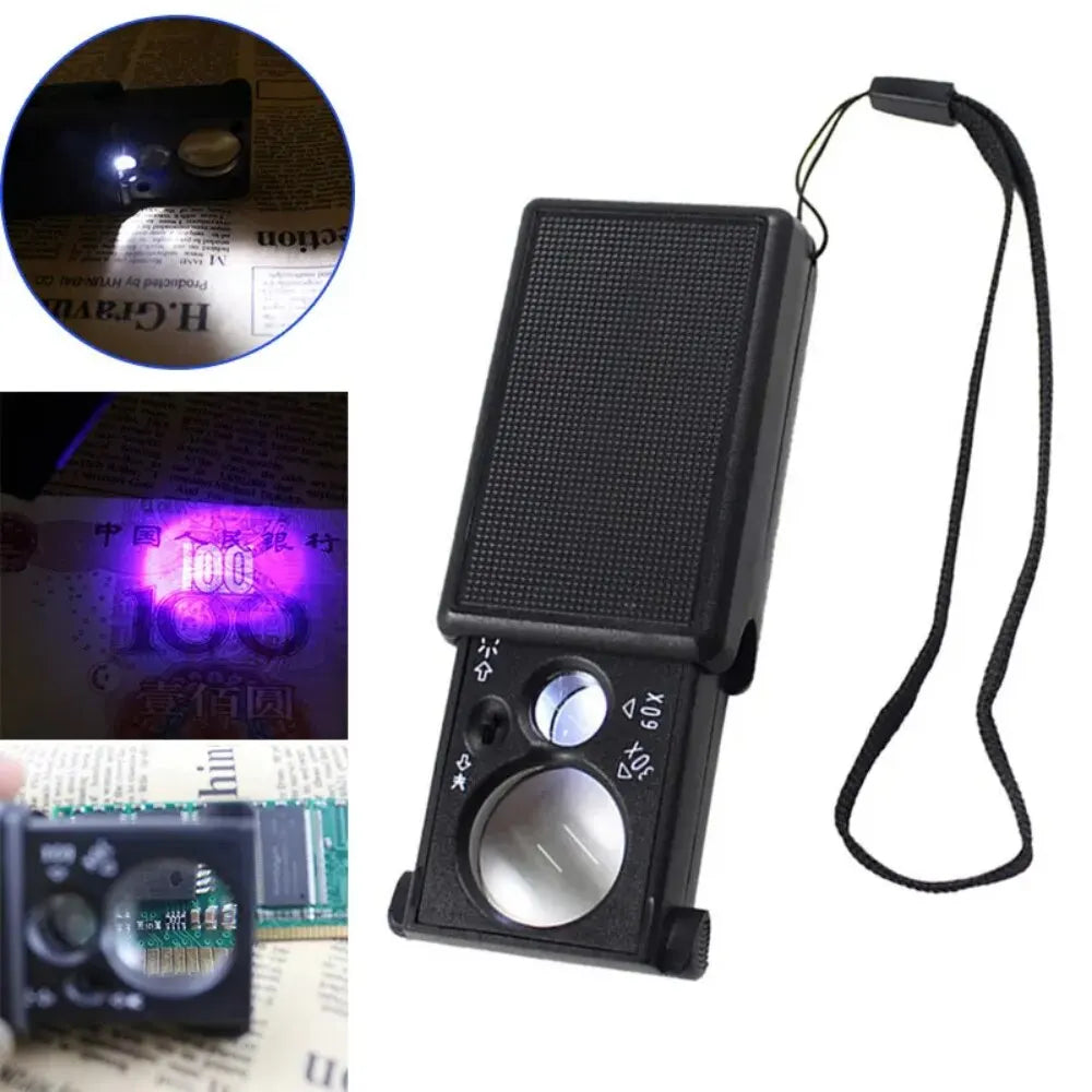 FanzyMarket black mini LED handheld magnifier with UV light, 30x/60x zoom, for jewelry, coins, and currency inspection.
