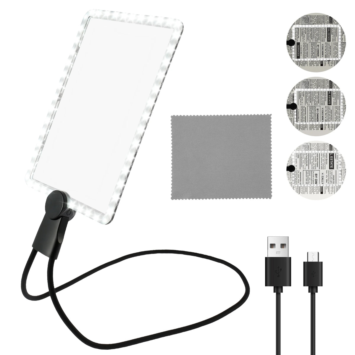 FanzyMarket 5X hands-free neck magnifier with LED light, large 9.4x6.5 inch reading lens, dimmable, rechargeable, 3-in-1 design.