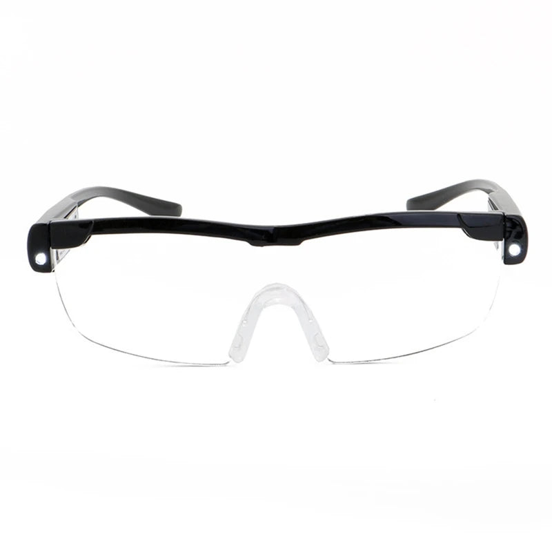 FanzyMarket hands-free LED magnifying eyeglasses with 2.5X magnification, LED lights, 5.7-inch lens for reading and hobbies.
