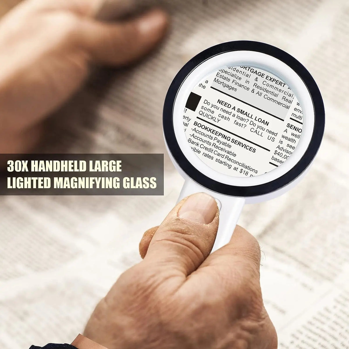 FanzyMarket 30X handheld magnifying glass with 12 LEDs, double glass lens, ideal for reading, jewelry, and watch repair.