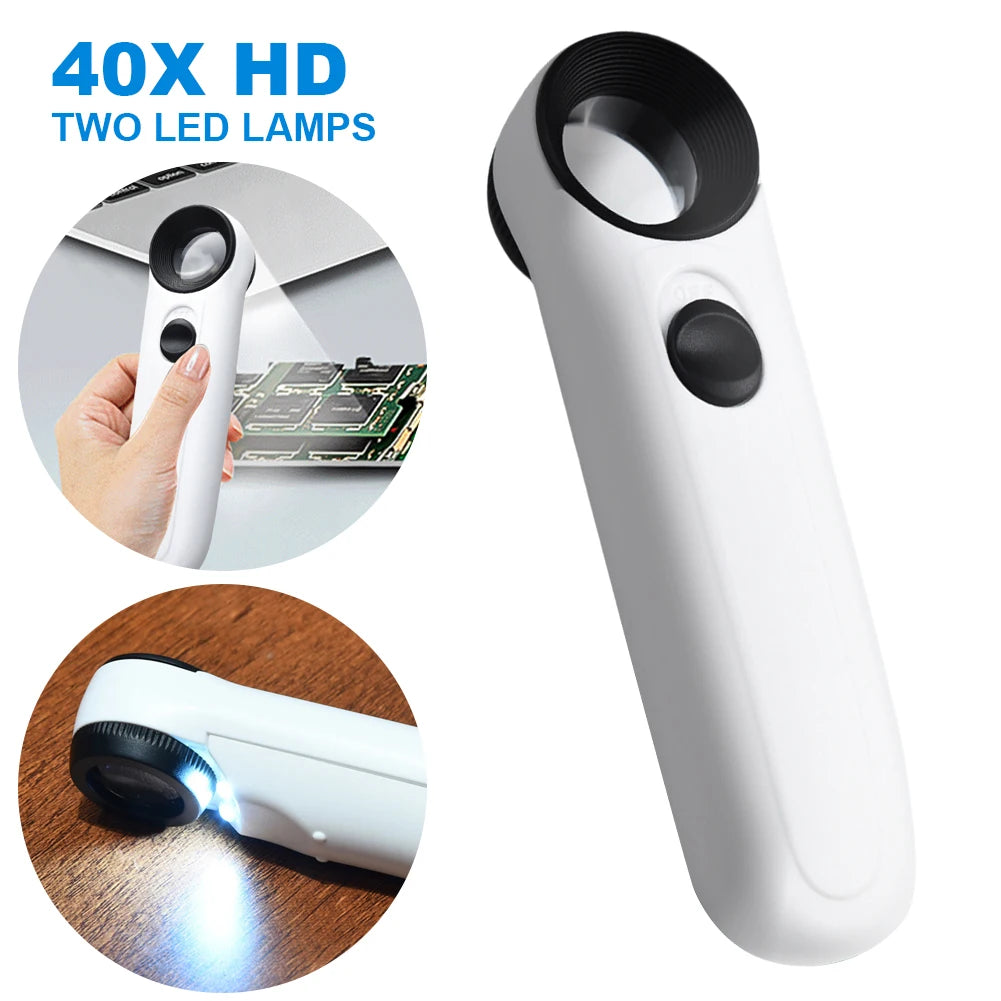 FanzyMarket 40X illuminated handheld jeweler loupe with dual LED lights for inspecting jewelry, diamonds, and jade.