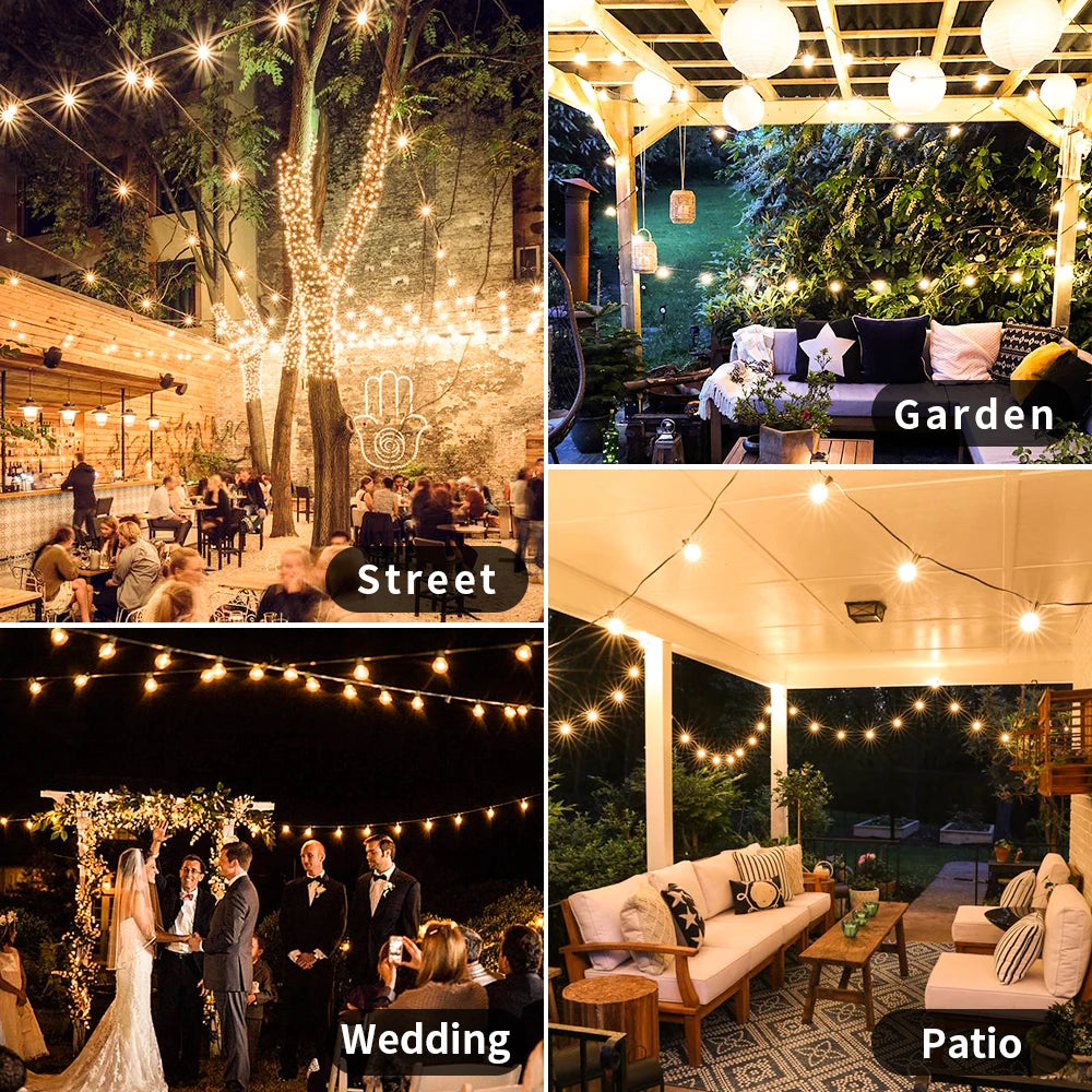 FanzyMarket 30M G40 Globe LED string lights in warm white, ideal for outdoor patio, garden, wedding, and party decor.