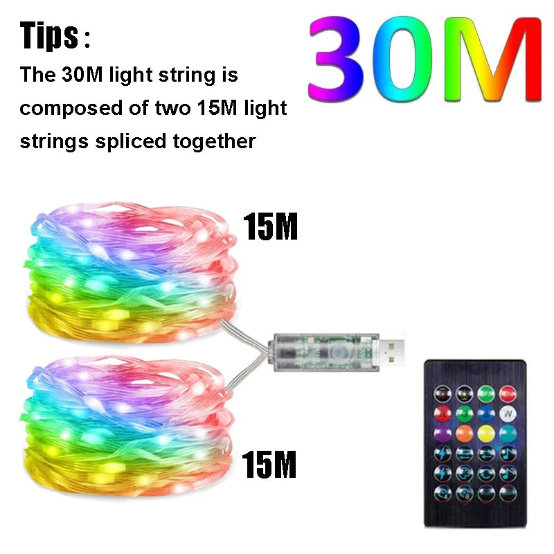 FanzyMarket RGBIC Bluetooth waterproof LED string lights, 15m length, colorful smart fairy lights for party, curtain, and room decor.