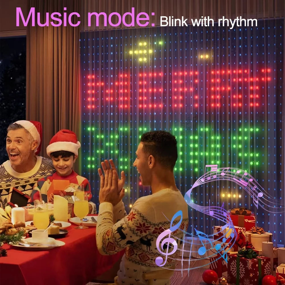 FanzyMarket RGB LED curtain fairy lights with remote, app control, music sync, DIY patterns, and programmable text in 1x1m size.