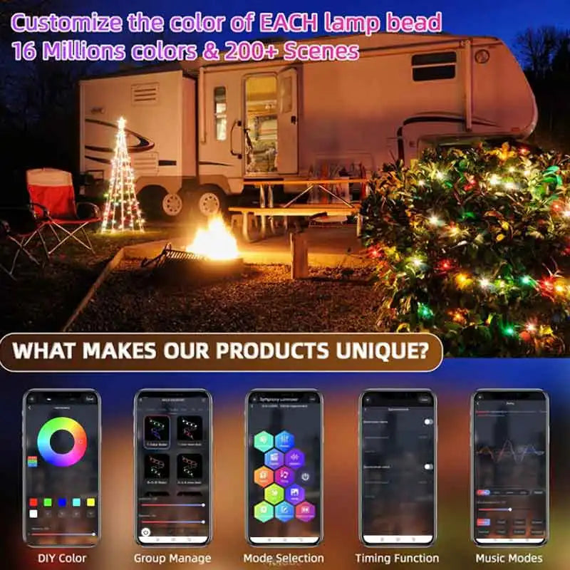 FanzyMarket 20m USB RGBIC LED string lights with 200 LEDs, waterproof fairy lights, Bluetooth app, IR remote, ideal for parties and Christmas.
