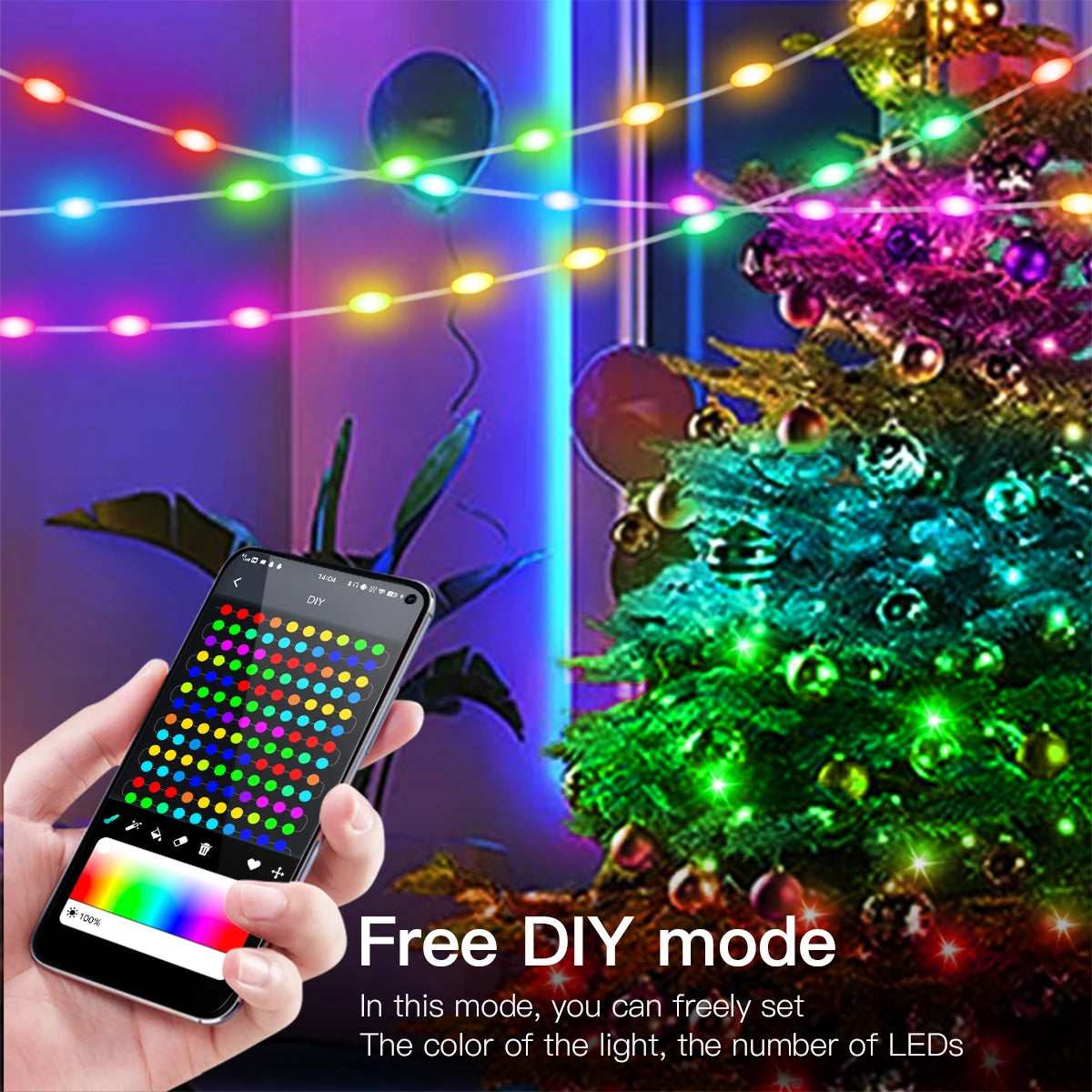 FanzyMarket 20m USB RGBIC LED fairy string lights with Bluetooth, IR remote, waterproof for party and Christmas decor.