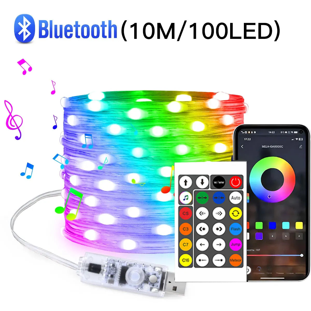FanzyMarket 20M RGBIC LED string lights with Bluetooth, IR remote, waterproof fairy lights for party and Christmas decor.