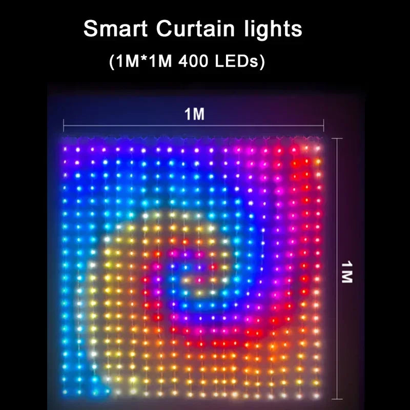 FanzyMarket 400 LED smart curtain fairy lights with RGB colors, remote control, music sync, waterproof, suitable for 3x3m spaces.