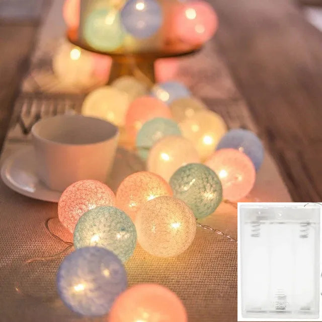 FanzyMarket cotton ball string lights with 10, 20, or 30 LEDs, USB and battery-powered, ideal for home, wedding, or holiday decor.