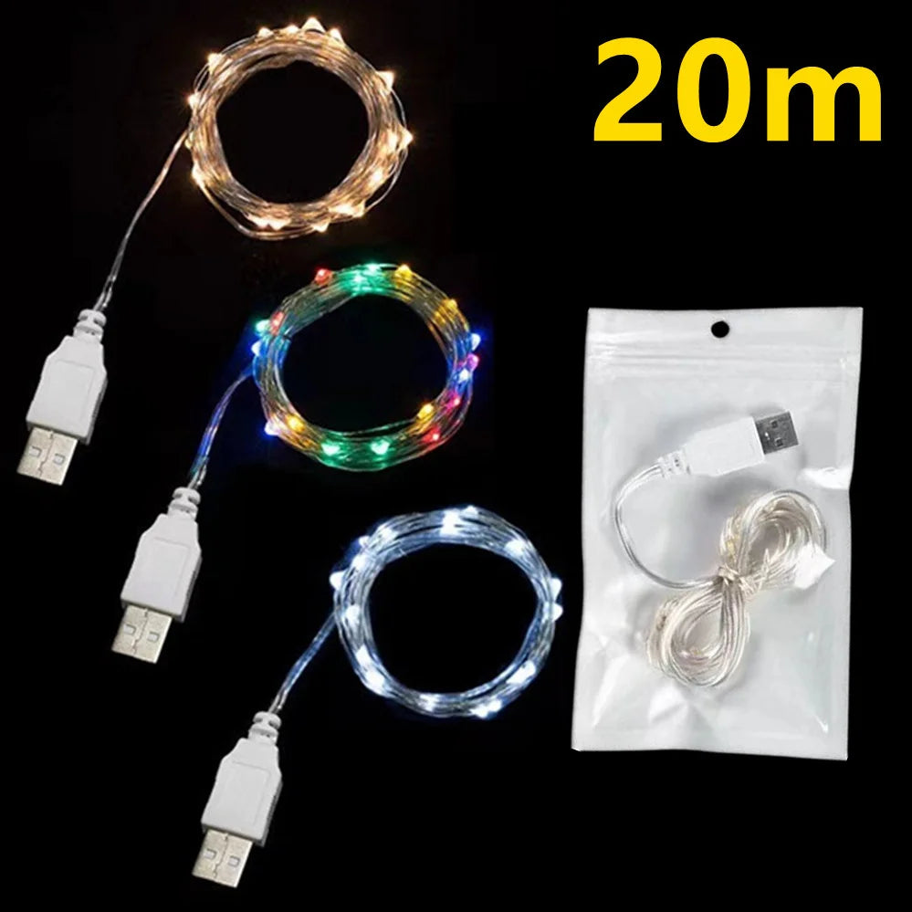 USB powered fairy string lights on flexible copper and silver wire, available in warm white and multicolor, waterproof IP65.