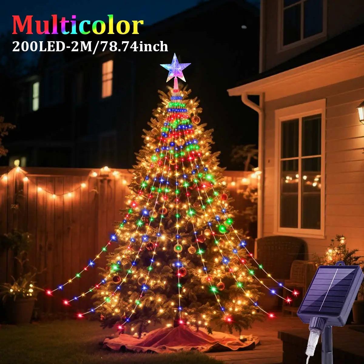 FanzyMarket solar star string lights in multicolor and warm white, 2m or 3m waterproof outdoor fairy lights with 8 lighting modes.