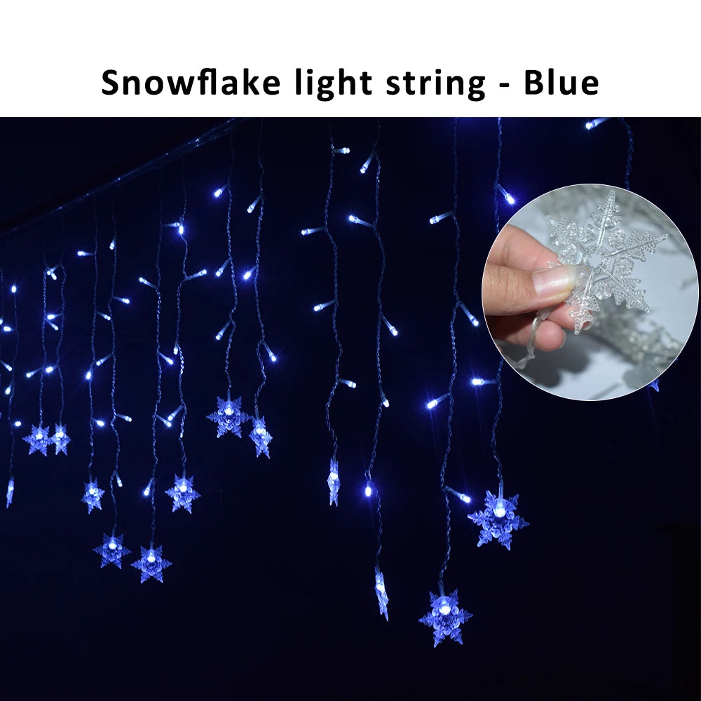 FanzyMarket Snowflake LED curtain string lights with 96 multicolor LEDs, waterproof, 8 modes, 3.5m length, EU/US plug, festive decor.
