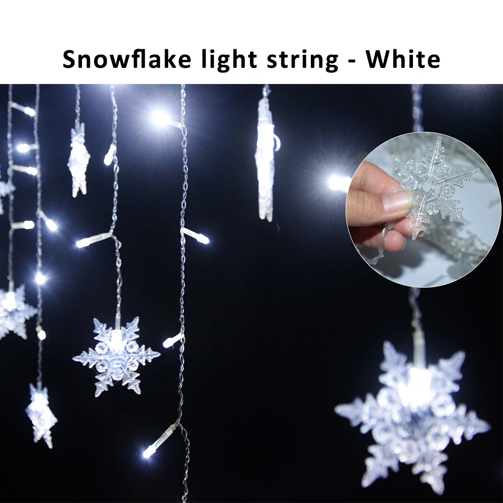 FanzyMarket snowflake LED curtain string lights with 96 multicolor LEDs, 3.5m length, waterproof, 8 modes, EU/US plug, holiday decor