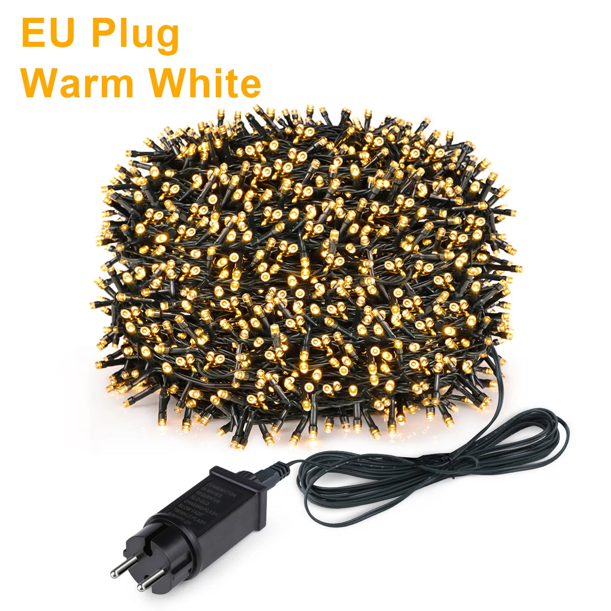 FanzyMarket 24V outdoor LED fairy string lights in multicolor, white, or warm white, waterproof with 8 lighting modes, 50m length.