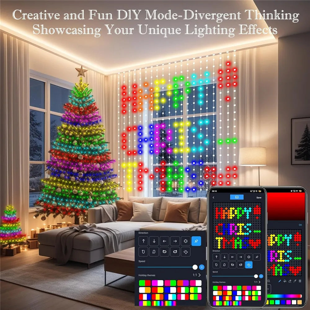 FanzyMarket RGB smart curtain lights with 400-800 LEDs, app control, remote, music sync, ideal for party, wedding, and Valentine's Day decor.