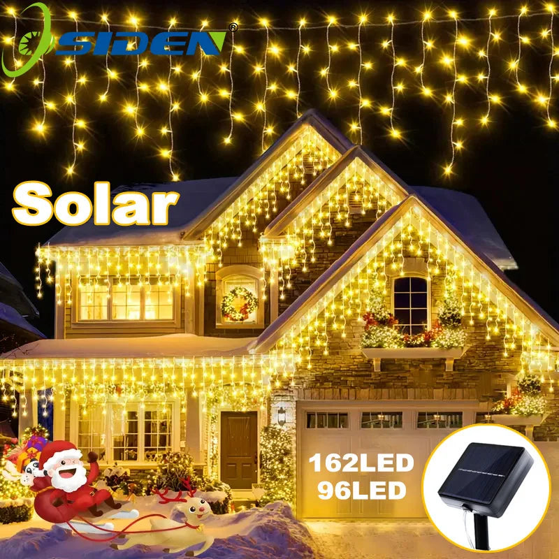 FanzyMarket solar icicle curtain lights with 162 LEDs, 8 modes, waterproof IP65, 9m outdoor Christmas fairy string lights.