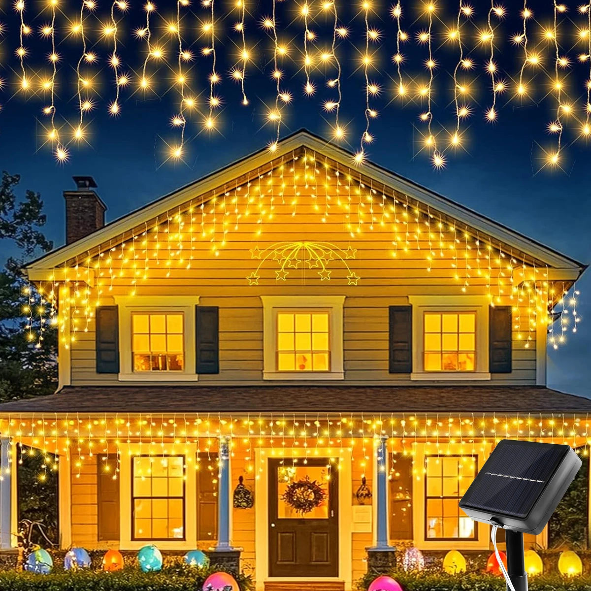 FanzyMarket solar icicle curtain lights with 162 LEDs, 8 modes, waterproof IP65, ideal for outdoor Christmas decoration.